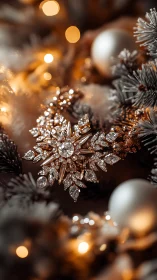 Crystal snowflake ornament amid warm Christmas lights.