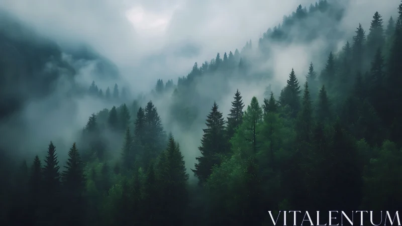 Misty Alpine Forest: Atmospheric Layering Through Coniferous Valleys.