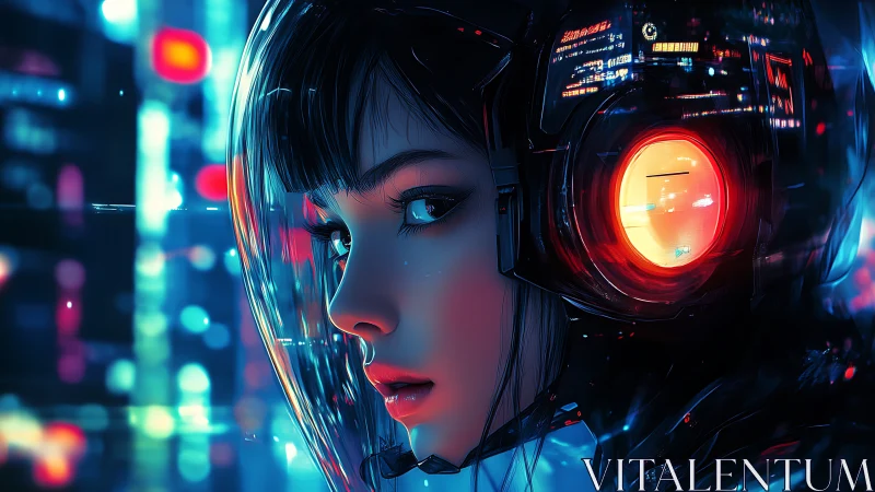 Cyberpunk helmeted woman in neon lit futuristic cityscape.