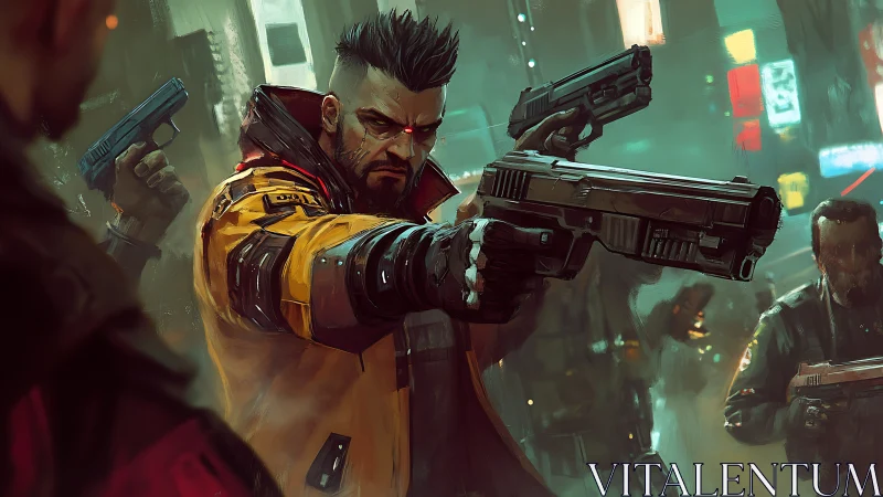 Cyberpunk gunman leading neon-soaked urban standoff.