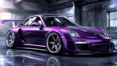 Purple widebody race car in industrial garage setting.