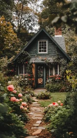 Cozy forest cottage framed by lush blooming garden path
