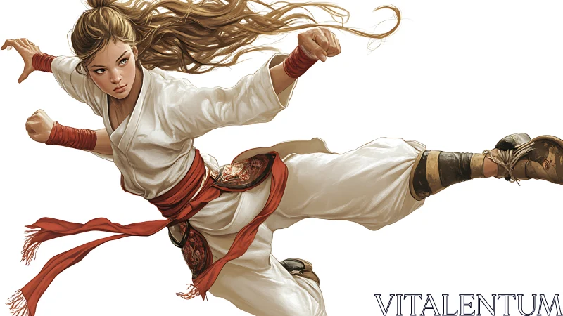 Martial artist midair kick with flowing red sash and focus.