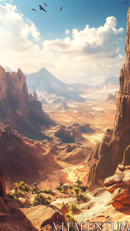 Sunlit canyon rivers of sand beneath distant sleeping volcano.