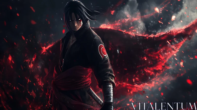 Dark warrior commands swirling red embers in storm