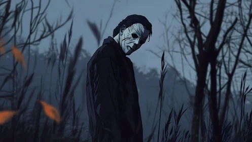 Masked figure in stylized dusk forest with high contrast shading