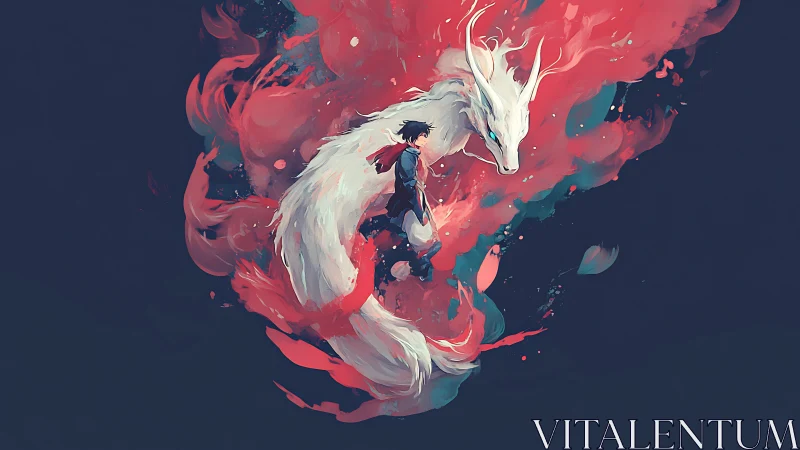 Human figure with white dragon amid red abstract forms.