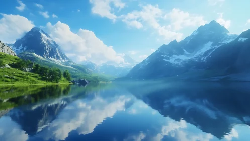 Digital painting alpine lake with mirrored mountain symmetry.