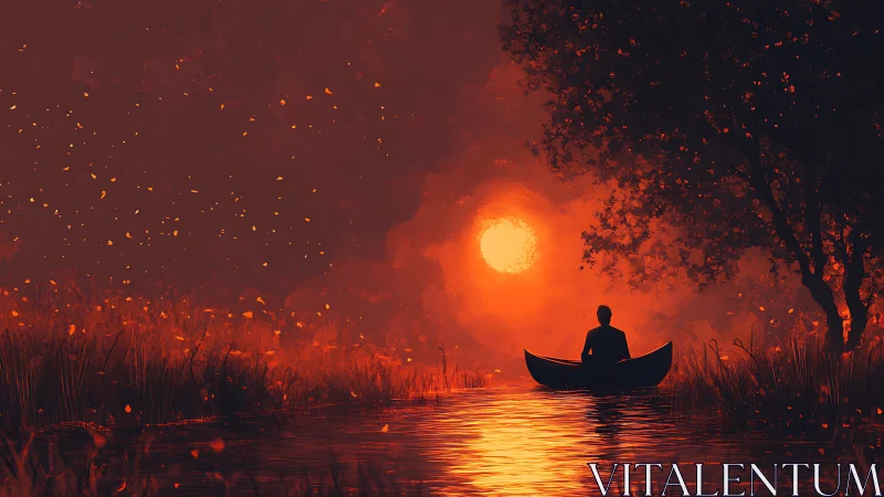 Solitary canoe beneath blazing sunset on ember-lit river.