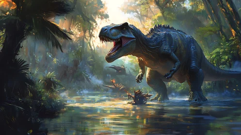 Primeval predator roaring in misty Jurassic river basin.