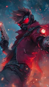Masked space gunslinger aims blaster through burning nebula