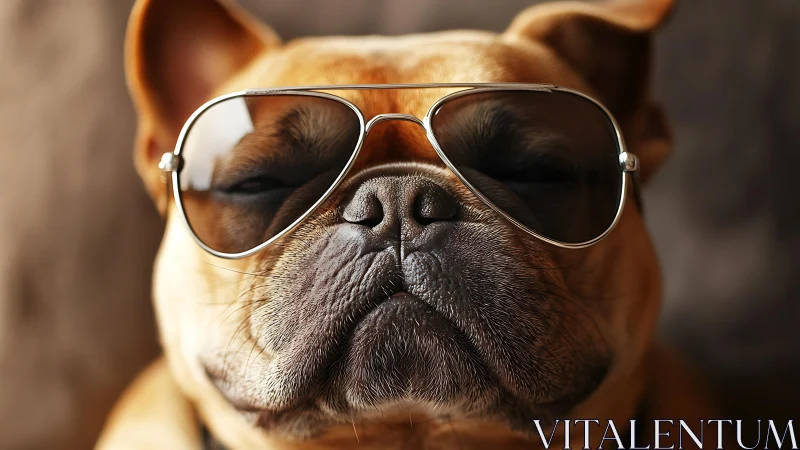 Close-up portrait of bulldog wearing reflective sunglasses.