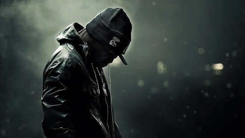 Hooded street figure stands in moody cinematic backlight haze