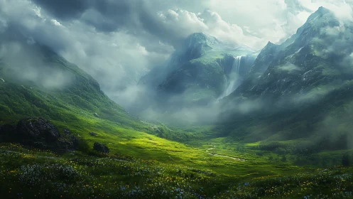 Lush green valley with misty mountains and tall waterfall.