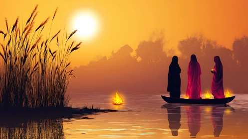 Three Figures in Robes on Canoe at Sunset, Dreamlike Illustration.