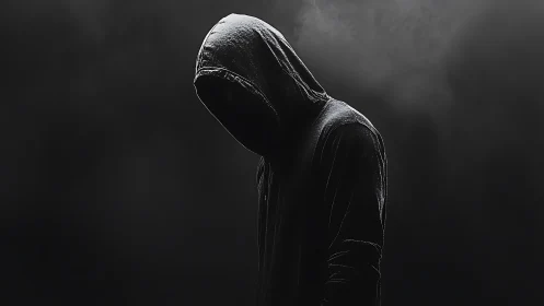 Low‑key hooded figure in dramatic chiaroscuro silhouette.