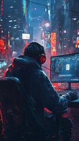 Hooded gamer codes in neon cyberpunk city at night