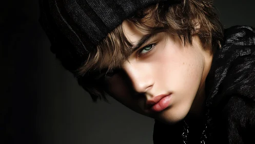 Close-up portrait of young person in dark knit beanie.