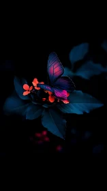 Neon butterfly poised on glowing crimson blossoms at night.