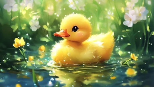 Cute yellow duckling floating in bright flower pond.