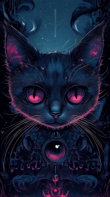 Digital feline portrait centers neon-accented symmetrical design