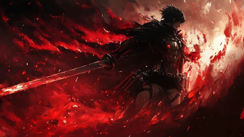 Sword-wielding anime warrior in swirling red flames.