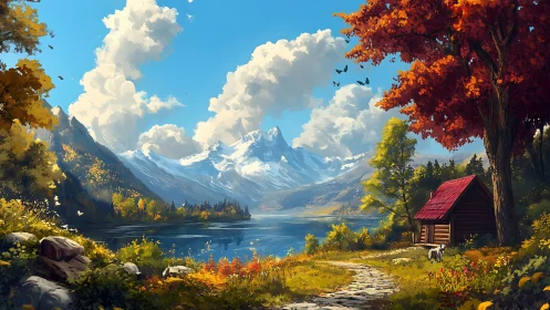 Mountain lake cabin under luminous autumn sky panorama.