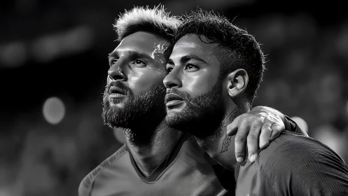 Close football teammates gaze upward under stadium lights.