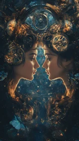Twin cosmic muses merge with intricate clockwork crowns.