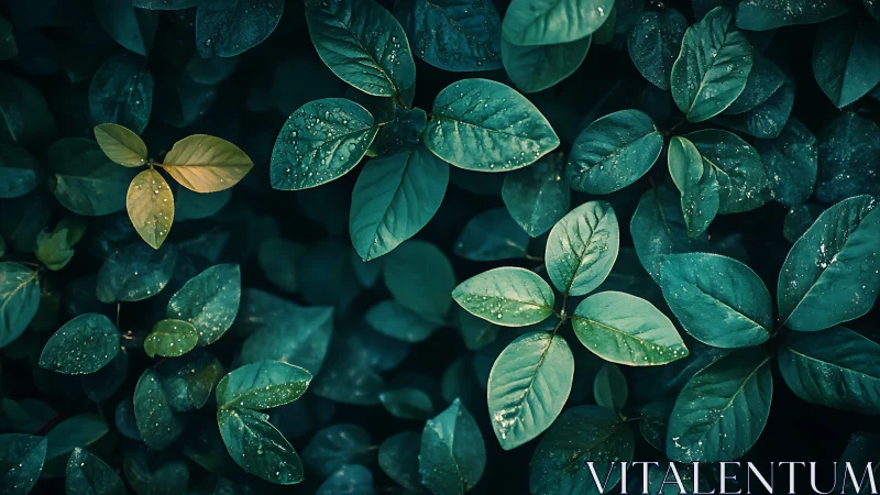 Moody teal foliage glistens with raindrops in soft shadow