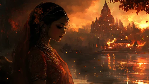 Emberlit princess beside burning temple across still water.