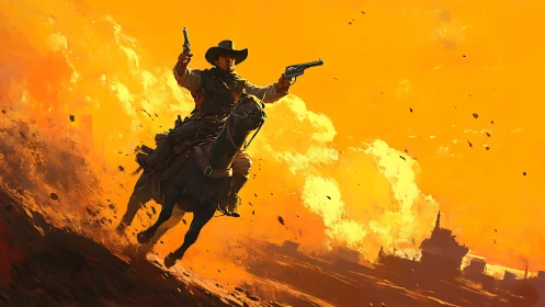 Galloping gunslinger charges through incendiary desert sky