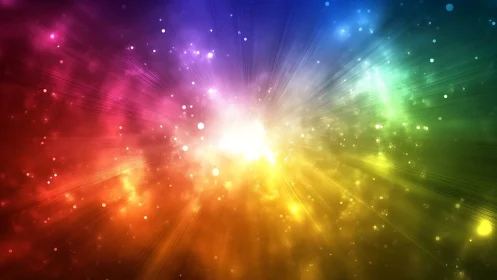 Radial multicolor light burst with dispersed particles.