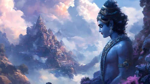 Skyborne blue deity watching over mist-wrapped mountain city.