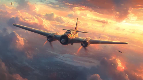 Twin‑engine warplane cuts through volumetric clouds at sunset