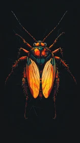 Vivid stylized cockroach illustration on dark background.