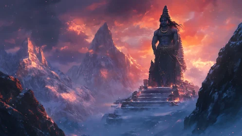 Colossal mountain deity rises over fiery Himalayan sunset