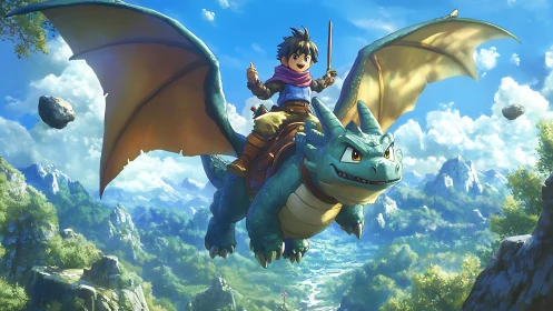Boy and blue dragon joyride across a sunlit fantasy sky