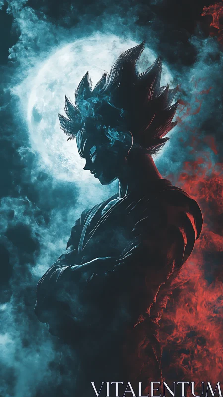 Moonlit warrior between blue calm and red storm.