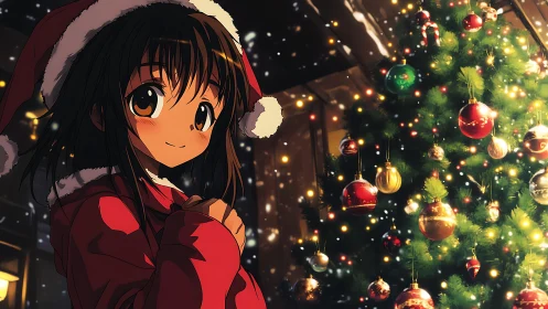 Girl in Santa hat stands beside illuminated Christmas tree