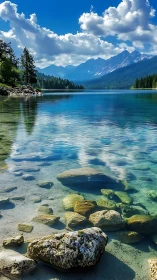 Mountain lake with clear shallows and distant forested ridges