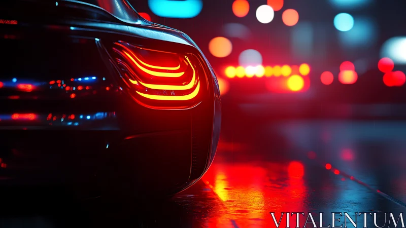 Night street view of sports car taillights in rain.