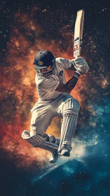 Dynamic cricket batsman in mid-air against cosmic nebula backdrop