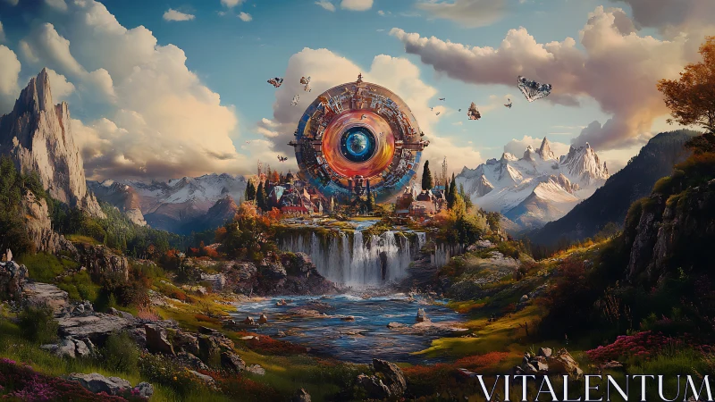 Cosmic gateway spins above a crystalline valley of waterfalls