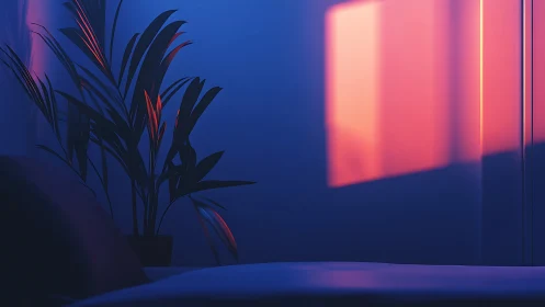 Palm silhouette under neon dusk light in quiet bedroom