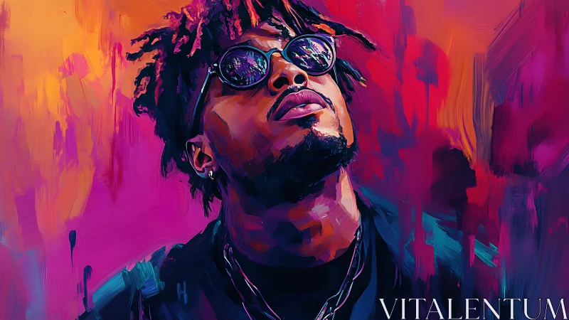 Neon-lit portrait of cool man in reflective sunglasses.