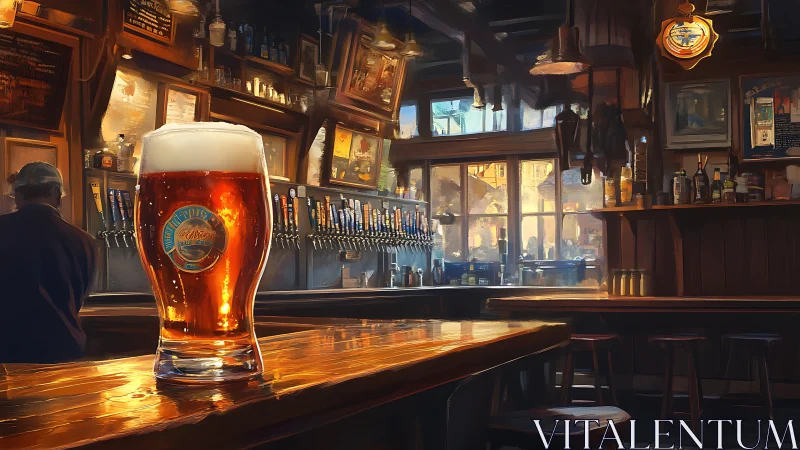 Backlit amber beer glass anchors warm, tap-lined pub interior