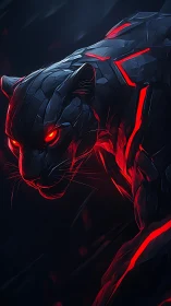Cybernetic panther with red luminescent accents in darkness.