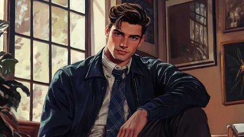 Interior portrait of seated young man in painterly daylight.