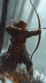 Winterbound ranger draws a silent arrow in the stormed wood.